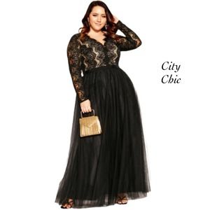 City Chic Rare Beauty Black Lace Tulle V Neck Gown Dress NWOT Size 14
